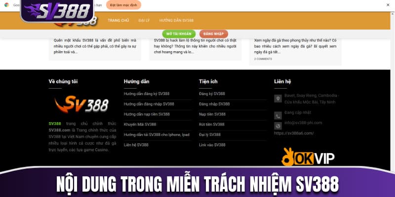 Chi tiết về nội dung trong miễn trách nhiệm SV388 